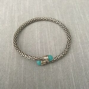 Sterling silver popcorn design cuff bracelet with turquoise glass accents 925